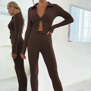 Chocolate Brown Casual Womens Zip Up Ribbed Knit Jacket & Leggings